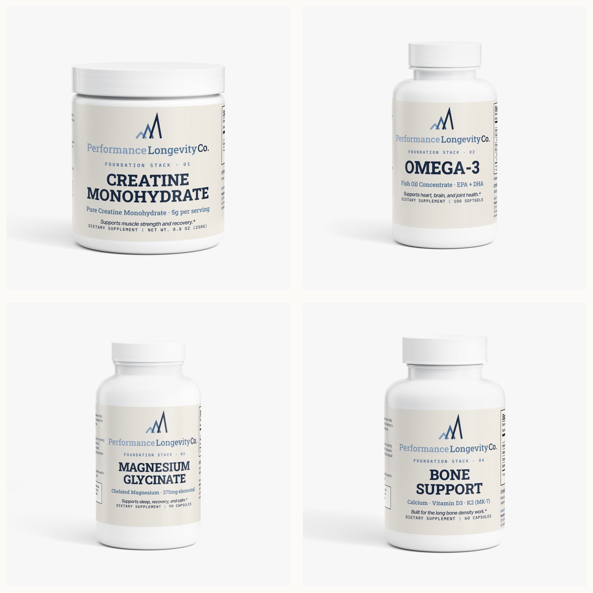 The Foundation Stack: Creatine Monohydrate, Omega-3, Magnesium Glycinate, and Bone Support