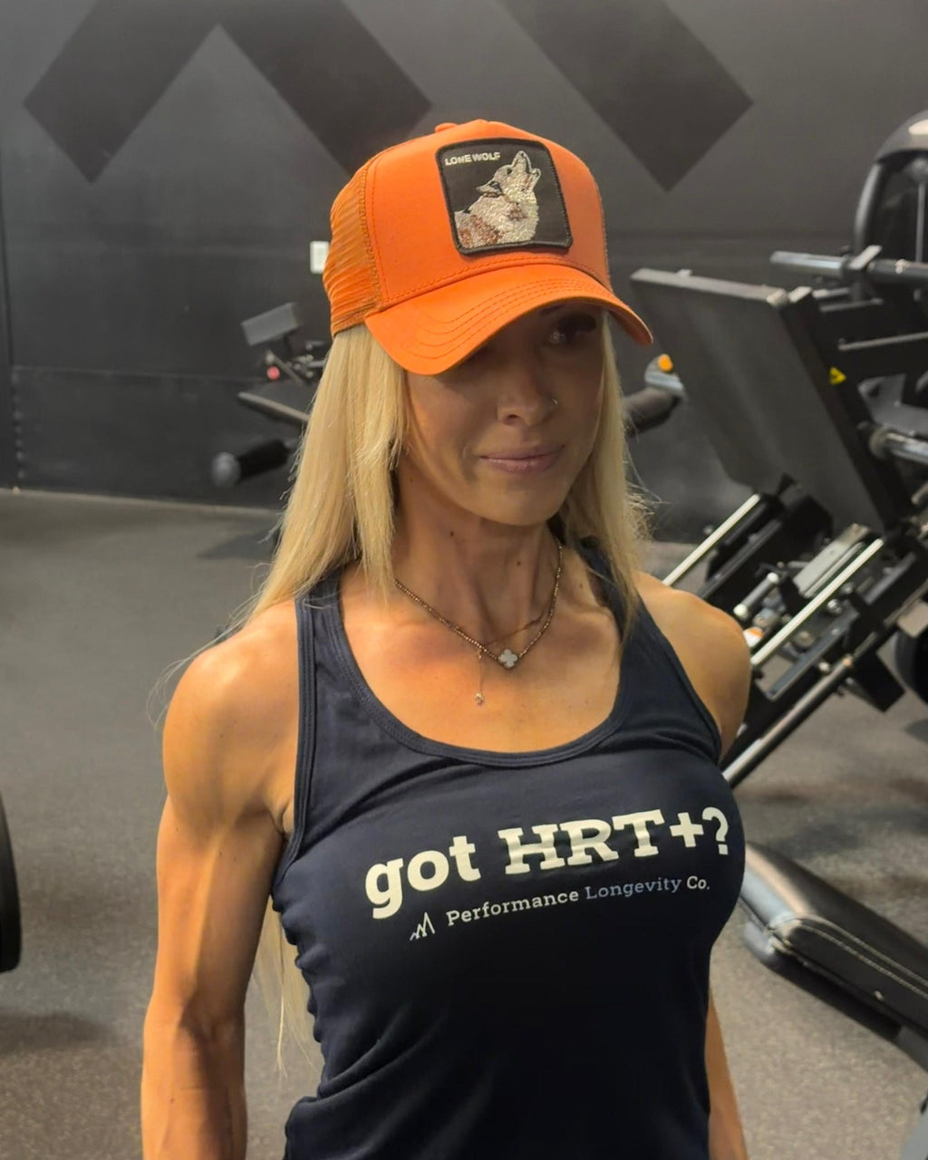 got HRT+? ladies racerback tank, midnight navy