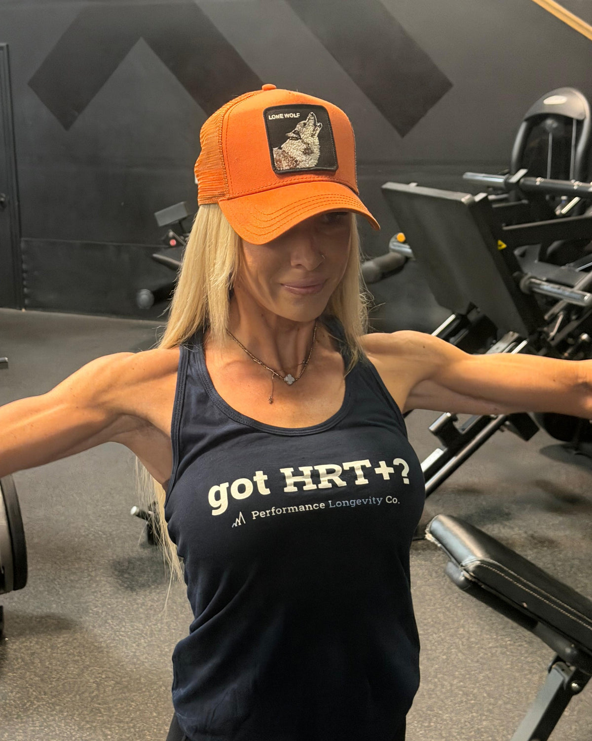 got HRT+? ladies racerback tank, side view